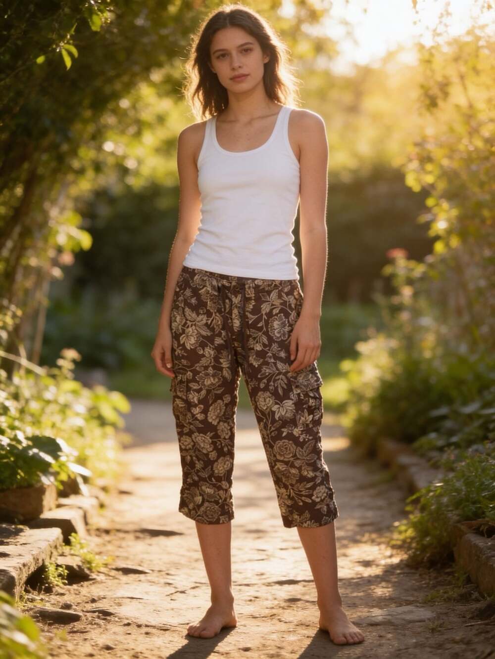 Ralph Lauren Women Brown Floral Print Cotton Cargo Capris Size 2
